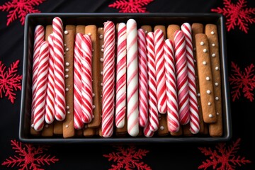 candy canes and gingerbread cookies arranged in a rectangle - Powered by Adobe