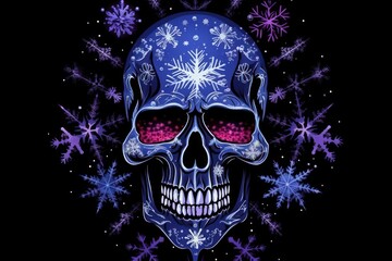  a blue skull with red eyes and snowflakes on it's head is surrounded by stars and snowflakes on a black background with snowflakes.