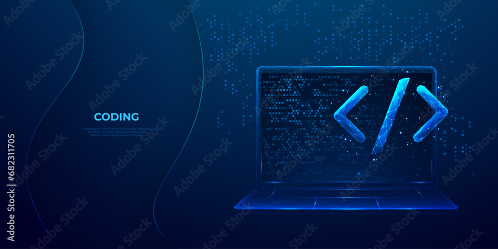 Aufkleber Abstract programming code icon on a laptop screen in light blue low poly futuristic style on technology background. Program and software development. Digital web code. Polygonal vector illustration.