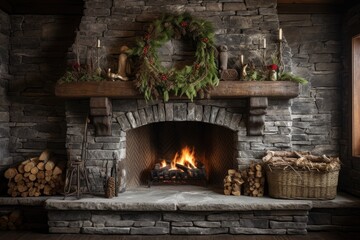 a rustic stone fireplace with a wreath and wooden ornaments