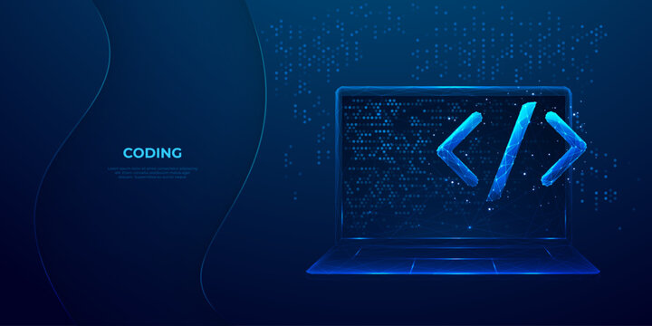 Abstract programming code icon on a laptop screen in light blue low poly futuristic style on technology background. Program and software development. Digital web code. Polygonal vector illustration.