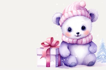  a white teddy bear wearing a pink hat and scarf sitting next to a christmas tree with a gift wrapped in a pink ribbon and a pink and white striped bow.