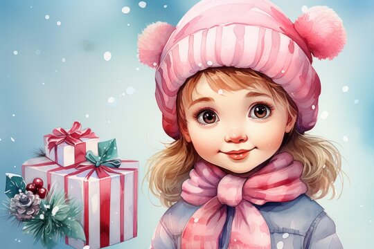  a painting of a little girl wearing a pink hat and scarf and scarf around her neck and a gift wrapped in a red and white striped ribbon around her neck.