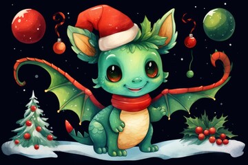  a green dragon with a santa hat and a red scarf is standing in the snow next to a christmas tree and a red ornamel ornament on a black background.