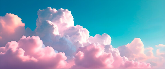 Serene blue sky with fluffy pastel pink clouds in panoramic view. - obrazy, fototapety, plakaty