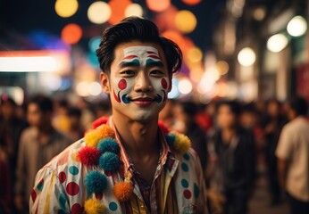 Men wearing clown costume and makeup, blurred crowd of people watching on the background - obrazy, fototapety, plakaty