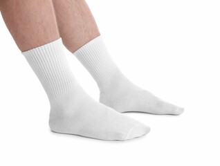 Man in stylish socks on white background, closeup