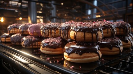  a display case filled with lots of donuts covered in chocolate and sprinkled with sprinkles on top of each one of each of the donuts.