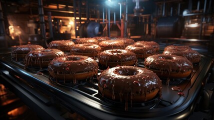  a bunch of doughnuts sitting on top of a metal rack in a room with a light shining on the top of the doughnuts and the doughnuts are covered in icing. - Powered by Adobe