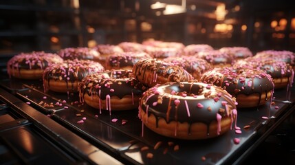 a close up of a bunch of doughnuts with icing and sprinkles on a conveyor belt in a store or a food processing line. - obrazy, fototapety, plakaty