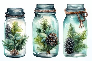  three mason jars with pine cones and pine needles in them, tied with twine of twine and twine of twine of pine cones on each jar. - obrazy, fototapety, plakaty