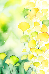 Watercolor Gingko Background with White Copy Space