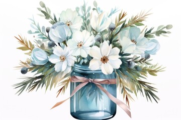  a painting of a blue mason jar with white flowers and a ribbon tied around the front of the jar with a pink bow on the side of the jar is filled with white flowers.