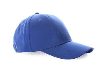 Stylish blue baseball cap isolated on white