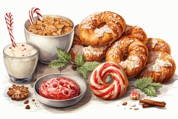  a painting of a variety of food including pretzels, a bowl of yogurt, a bowl of granola, and a cup of hot chocolate.