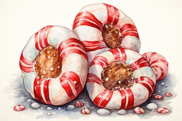  a painting of a pile of candy canes with a bite taken out of one of the candy canes and a bite taken out of one of the other.