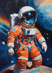 A man in a spacesuit with a US patch, in space, painted with paints - obrazy, fototapety, plakaty