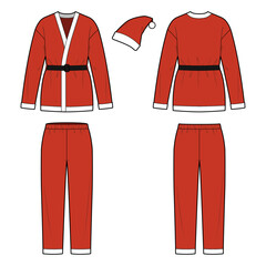 Technical Flat sketch of Santa Claus christmas costume set. Vector mock up Template. Red and white. Party wear for X-mas. long sleeve wrap top with waist belt. Pull-on pants with waist e-band. - obrazy, fototapety, plakaty