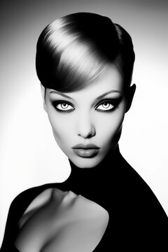 black and white photo of pretty woman, sleek hairstyle, and high-necked top, ai generative