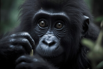 gorilla in the wild, its face blurred, sitting amidst green foliage, and appears to be holding a branch, ai generative