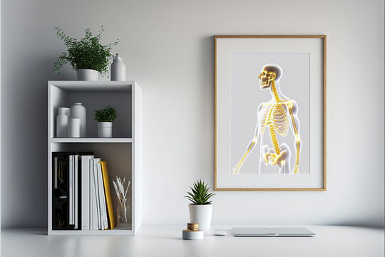 modern room with a framed skeleton illustration on the wall, a white bookshelf filled with plants and books, and a laptop on the floor, ai generative