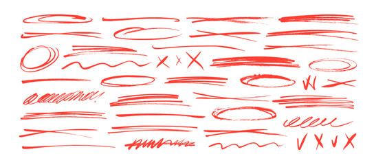 Underline and strike through red markers collection. Hand drawn vector underlines, crossed lines.