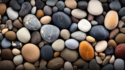 Fotobehang River rock pebbles, meticulously smoothed by nature's, Backdrop showcasing the inherent elegance, stone wall, Sea stones background © chiew