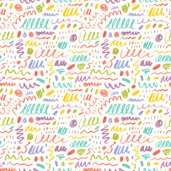 Brush and charcoal curly lines seamless pattern. Pencil squiggles, swirls and dots.
