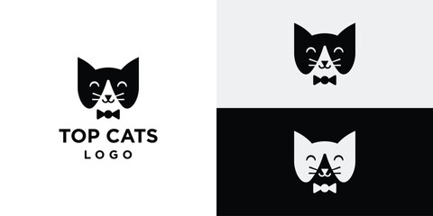 Top Cat Logo Design. Cat Tie Cool Cat. Elegance Cat Symbol Icon Vector Illustration.