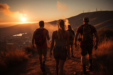 A serene sunset hike with friends, merging physical activity with the therapeutic benefits of nature. Concept of nature-infused fitness. Generative Ai.