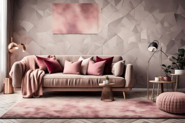 Trendy living room interior with grey couch with pastel pink pillows and blanket, stylish beige armchair with burgundy pillow