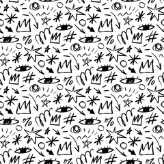 Pencil squiggles seamless pattern with doodle shapes. Scribble brush strokes vector background.