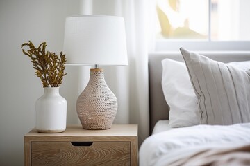 Nightstand with lamp and flowers in the bedroom. Home interior in Scandinavian style.
