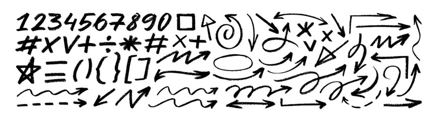 Various charcoal doodle arrows, punctuation elements and numbers collection.