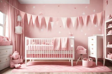 pink nursery baby room with rug - obrazy, fototapety, plakaty
