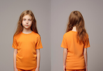 Front and back views of a little girl wearing an orange T-shirt