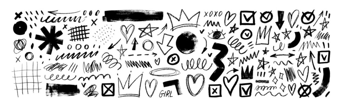 Charcoal graffiti doodle punk and girly shapes collection. Hand drawn scribbles and squiggles.