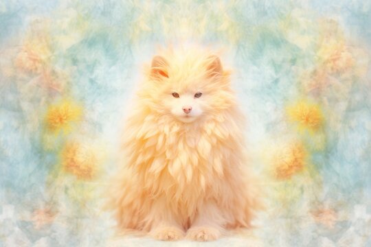  a fluffy white cat sitting in front of a blue and yellow background with a yellow flower in the middle of the picture and a blue and yellow flower in the middle of the picture.