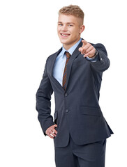 Portrait, business or happy man pointing to you in studio for choice, recruitment decision or corporate offer on white background. Vote, hiring emoji and HR promotion, winner or invitation to join us