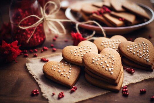 Homemade heart shaped cookies on the table, close up view. Valentine's day celebration.