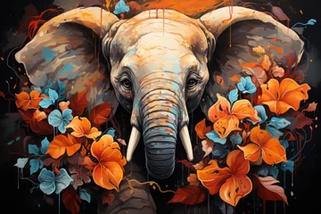 Foto op Aluminium  a painting of an elephant with orange and blue flowers around it's tusks and tusks, on a black background with orange and blue butterflies. © Nadia