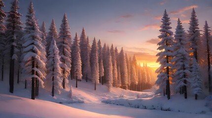 Obraz premium Snow mountain and sunset sky background. Season and environment concept. , AERIAL CLOSE UP Flying trough snowy misty spruce forest at golden winter sunrise