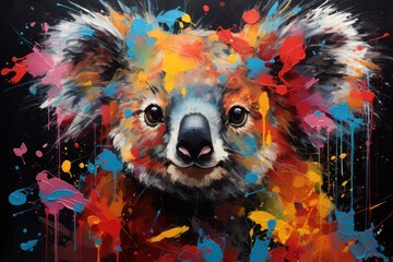  a painting of a koala's face with multicolored paint splatters on it's face and it's face is looking to the side.