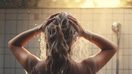 Woman with her back turned washing her hair in the evening sun - obrazy, fototapety, plakaty