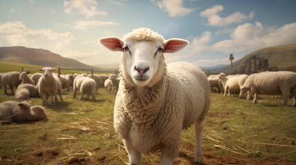 Fototapeta premium The dominant sheep in the herd in the pasture