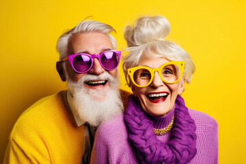 Obraz premium Cool retired hipsters, seniors party, carnival. Portrait of cheerful elderly gray-haired bearded grandparent wearing funny sunglasses and bright extravagant clothes on plain yellow background
