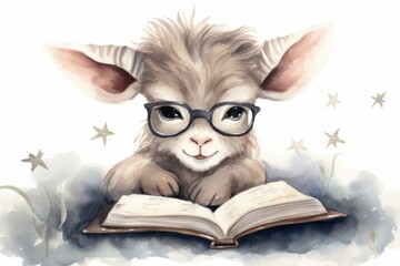  a goat wearing glasses reading a book with stars on the side of the book and reading glasses on the top of the book is a white background with blue sky and stars.