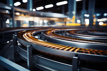 Conveyor belts transporting products seamlessly through the various stages of the manufacturing process, optimizing efficiency. Concept of automated production flow. Generative Ai.