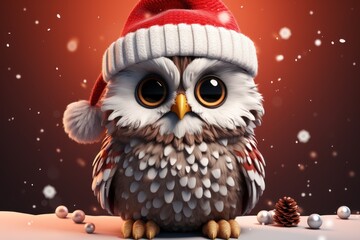  an owl wearing a santa hat sitting on top of a pile of snow with a pine cone in the foreground and a red background with white snow flakes.