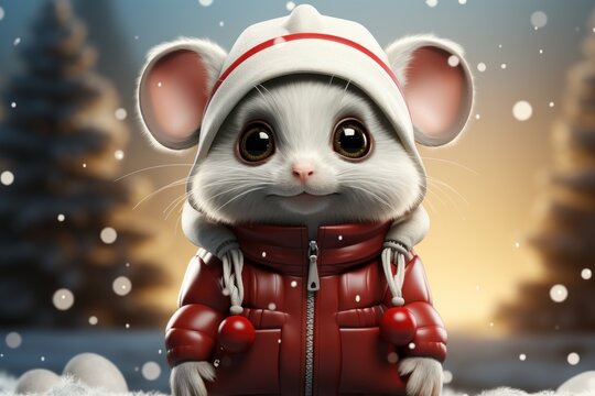  a cartoon mouse wearing a red jacket and a white hat in the snow with trees in the background and snow flakes on the ground and snow flakes in the foreground.